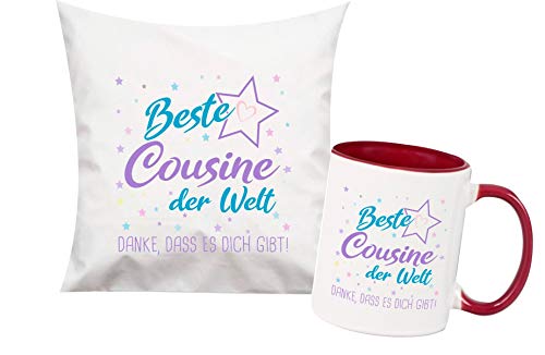 ShirtInStyle, Geschenkset, beste Cousine der Welt, danke das es dich gibt! Kissen- und Tasse als Set Farbe weinrot von ShirtInStyle