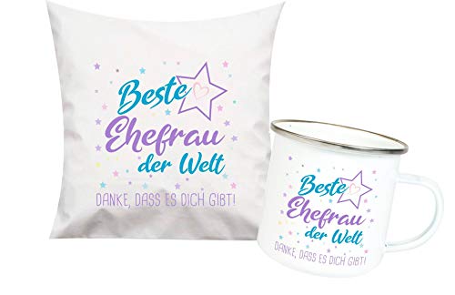 ShirtInStyle, Geschenkset, beste Ehefrau der Welt, danke das es dich gibt! Kissen- und Emaille Tasse als Set Farbe weiß von ShirtInStyle