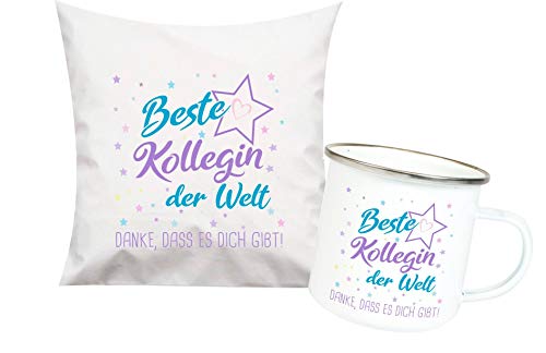 ShirtInStyle, Geschenkset, beste Kollegin der Welt, danke das es dich gibt! Kissen- und Emaille Tasse als Set Farbe weiß von ShirtInStyle