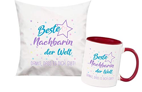 ShirtInStyle, Geschenkset, beste Nachbarin der Welt, danke das es dich gibt! Kissen- und Tasse als Set Farbe weinrot von ShirtInStyle