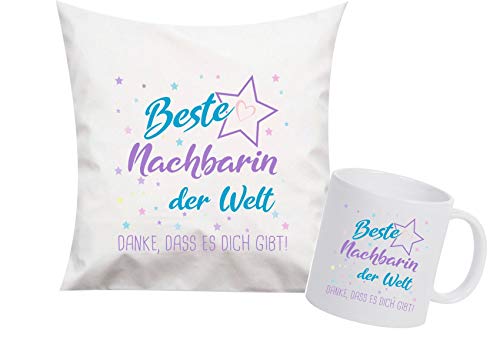 ShirtInStyle, Geschenkset, beste Nachbarin der Welt, danke das es dich gibt! Kissen- und Tasse als Set Farbe weiß von ShirtInStyle