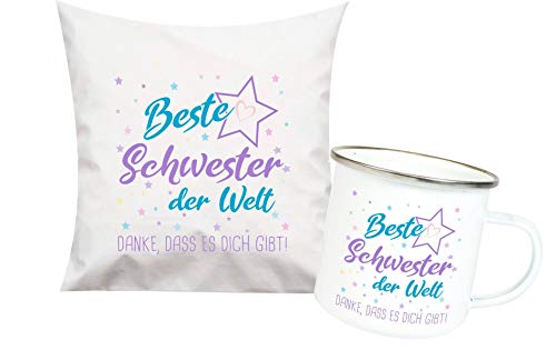 ShirtInStyle, Geschenkset, beste Schwester der Welt, danke das es dich gibt! Kissen- und Emaille Tasse als Set Farbe weiß von ShirtInStyle