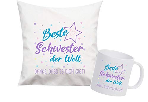 ShirtInStyle, Geschenkset, beste Schwester der Welt, danke das es dich gibt! Kissen- und Tasse als Set Farbe weiß von Shirtinstyle
