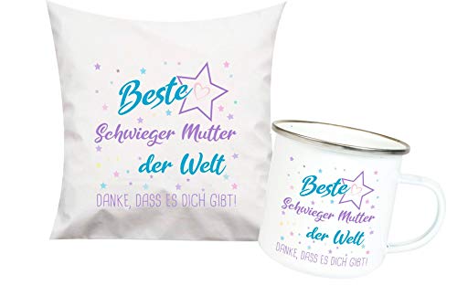 ShirtInStyle, Geschenkset, beste Schwieger Mutter der Welt, danke das es dich gibt! Kissen- und Emaille Tasse als Set Farbe weiß von ShirtInStyle