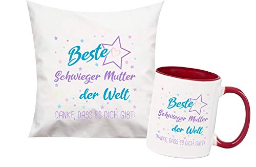 ShirtInStyle, Geschenkset, beste Schwieger Mutter der Welt, danke das es dich gibt! Kissen- und Tasse als Set Farbe weinrot von ShirtInStyle