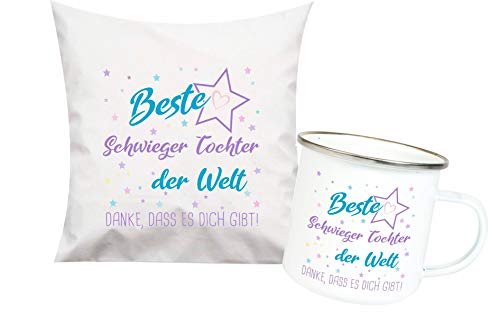 ShirtInStyle, Geschenkset, beste Schwieger Tochter der Welt, danke das es dich gibt! Kissen- und Emaille Tasse als Set Farbe weiß von ShirtInStyle