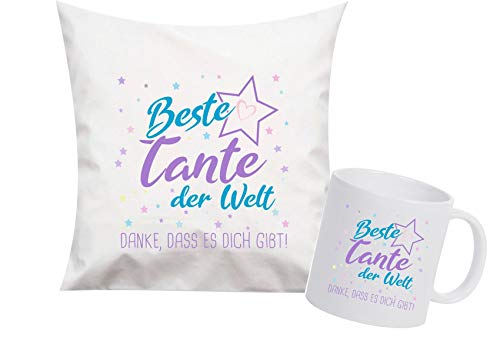 ShirtInStyle, Geschenkset, beste Tante der Welt, danke das es dich gibt! Kissen- und Tasse als Set Farbe weiß von Shirtinstyle
