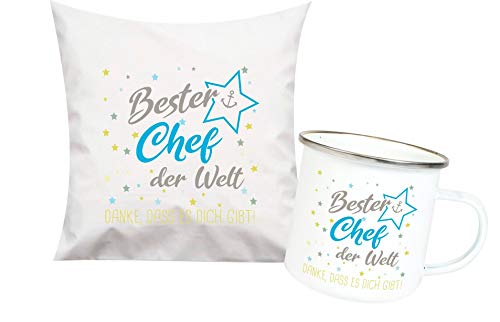 ShirtInStyle, Geschenkset, bester Chef der Welt, danke das es dich gibt! Kissen- und Emaille Tasse als Set Farbe weiß von ShirtInStyle