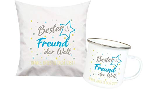 ShirtInStyle, Geschenkset, bester Freund der Welt, danke das es dich gibt! Kissen- und Emaille Tasse als Set Farbe weiß von ShirtInStyle