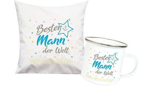 ShirtInStyle, Geschenkset, bester Mann der Welt, danke das es dich gibt! Kissen- und Emaille Tasse als Set Farbe weiß von ShirtInStyle