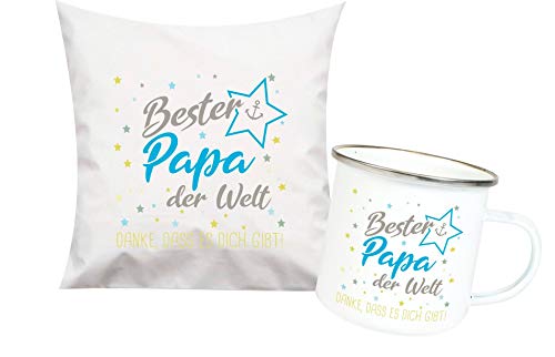 ShirtInStyle, Geschenkset, bester Papa der Welt, danke das es dich gibt! Kissen- und Emaille Tasse als Set Farbe weiß von ShirtInStyle