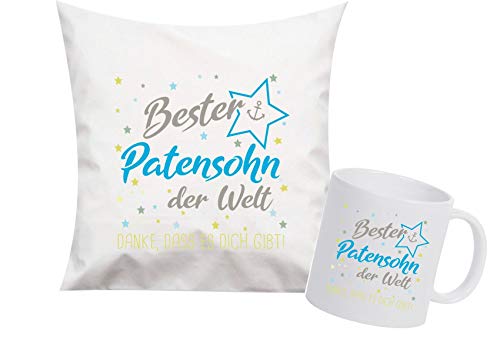 ShirtInStyle, Geschenkset, bester Patensohn der Welt, danke das es dich gibt! Kissen- und Tasse als Set Farbe weiß von ShirtInStyle