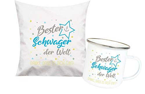 ShirtInStyle, Geschenkset, bester Schwager der Welt, danke das es dich gibt! Kissen- und Emaille Tasse als Set Farbe weiß von ShirtInStyle