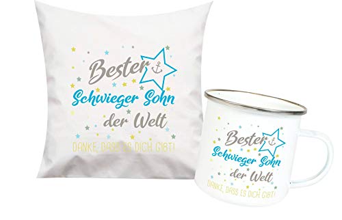 ShirtInStyle, Geschenkset, bester Schwieger Sohn der Welt, danke das es dich gibt! Kissen- und Emaille Tasse als Set Farbe weiß von ShirtInStyle