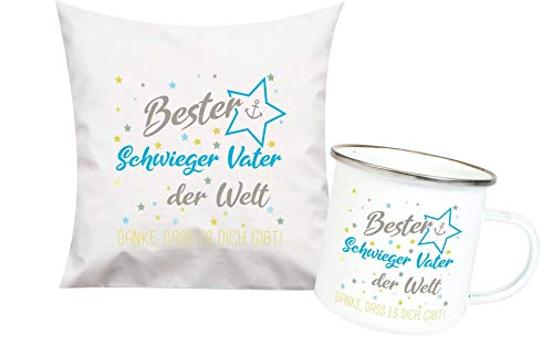 ShirtInStyle, Geschenkset, bester Schwieger Vater der Welt, danke das es dich gibt! Kissen- und Emaille Tasse als Set Farbe weiß von ShirtInStyle