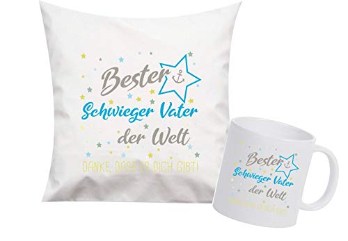 ShirtInStyle, Geschenkset, bester Schwieger Vater der Welt, danke das es dich gibt! Kissen- und Tasse als Set Farbe weiß von ShirtInStyle