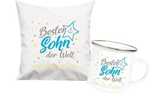 ShirtInStyle, Geschenkset, bester Sohn der Welt, danke das es dich gibt! Kissen- und Emaille Tasse als Set Farbe weiß von ShirtInStyle