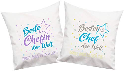 ShirtInStyle, Geschenkset, Kissenset beste Chefin, bester Chef der Welt, danke das es dich gibt! Kissenset 2 Stück 40x40cm mit Füllung Set, Farbe weiß von ShirtInStyle