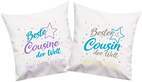 ShirtInStyle, Geschenkset, Kissenset beste Cousine, bester Cousin der Welt, danke das es dich gibt! Kissenset 2 Stück 40x40cm mit Füllung Set, Farbe weiß von ShirtInStyle