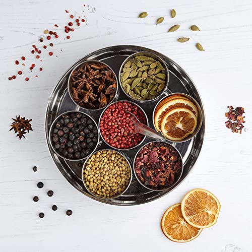 Gin-Mix-Set in einem durchsichtigen 19 cm Edelstahl Masala Dabba Gin Botanical Collection mit 7 wunderschön duftenden Botanikals, Aufbewahrungsdose und 1 Löffel, Geschenk, Aufbewahrung von Gewürzen und Kräutern von Shopper's Freedom