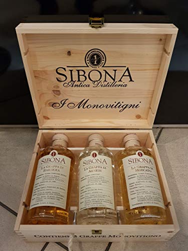 SIBONA Gift Box "VALIGETTA in Wood " with Grappa (MOSCATO+BARBERA+ARNEIS) 3x50cl von Sibona Antica Distilleria