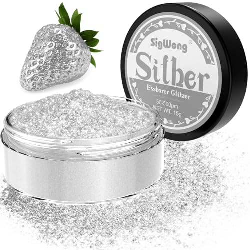 Essbarer Glitzer für Getränke, 15g Silber Glitzer Essbar für Torten, Essbarer Glitzer für Cocktail, Lebensmittelfarb Pulver Farbe für Cocktail Dekoration, Getränke, Cupcakes, Fondant–Silber von SigWong