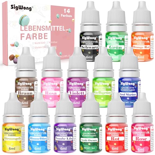 Lebensmittelfarbe Flüssige - 14 Farben Hochkonzentriert Lebensmittelfarbe für Backen, Kekse, Fondant, Macaron,DIY Seifen, Kunsthandwerk Einfärben - 6 ml Flaschen von SigWong