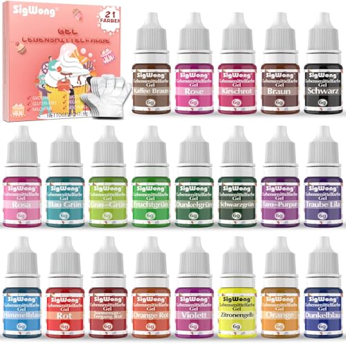 Lebensmittelfarbe Gel - 21 Farben Hochkonzentriert Lebensmittel Set für Buttercreme, Sahne, Kuchen Backen, Kekse, Macaron, Fondant, Torten, DIY Seifen, Kunsthandwerk Einfärben(6g/Flasche) von SigWong