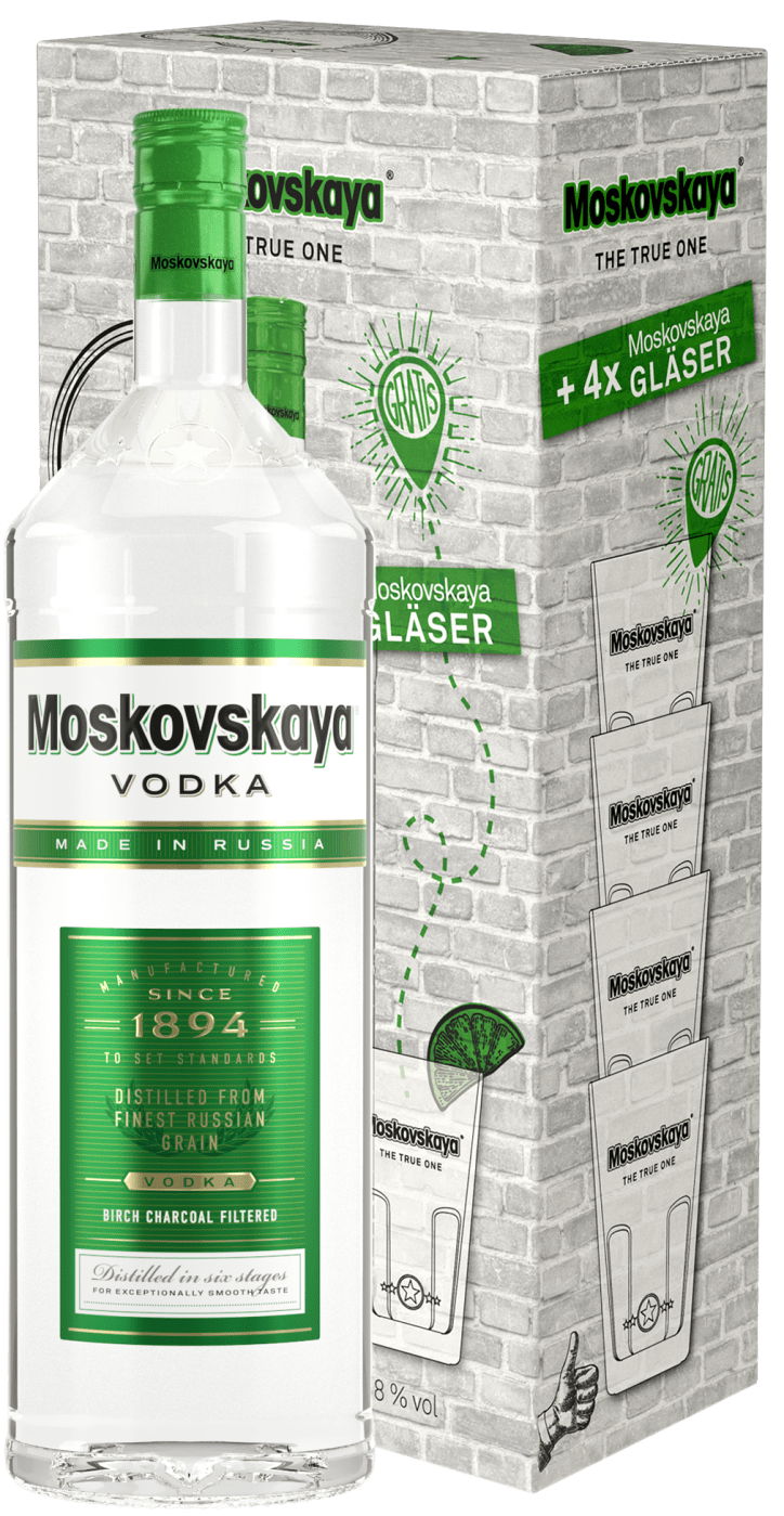 Moskovskaya Premium Vodka - 3l Doppelmagnumflasche + 4 Gläser GRATIS in Geschenkverpackung