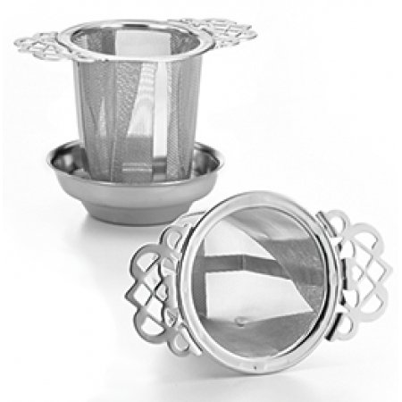 Dauer Teefilter Elegant Tea Infuser with Lid / Tray - Stainless Steel Fine Mesh Basket with Scroll Handles by Dauer Dauer Teefilter Elegant Tea Infuser with Lid / Tray - Stainless Steel Fine Mesh Basket with Scroll Handles by Dauer von Cha Cult