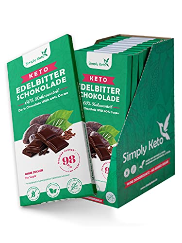 Simply Keto Lower Carb* Schokolade mit 60% Kakao - Edelbitter Schokolade ohne Zucker - Gesüßt mit Erythrit statt Zucker - Nur 4g Netto-Kohlenhydrate pro 100g - Glutenfrei & Vegan, 12 x 100g von Simply Keto