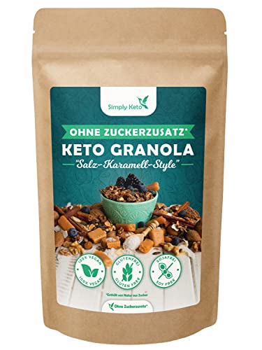 Simply Keto Knusper Granola Salted Caramel - Lower Carb* Müsli-Alternative ohne Zuckerzusatz - 250g Süßes Keto Granola für ein perfektes Frühstück - Paleo & Vegan - Soja, Laktose- & Glutenfrei - 250g von Simply Keto