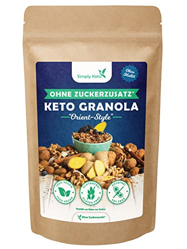 Simply Keto Knusper Granola Orient Sonne - Lower Carb* Müsli-Alternative ohne Zuckerzusatz - 500g Leckeres Keto Granola für ein perfektes Frühstück - Paleo & Vegan - Soja, Laktose- & Glutenfrei - 500g von Simply Keto