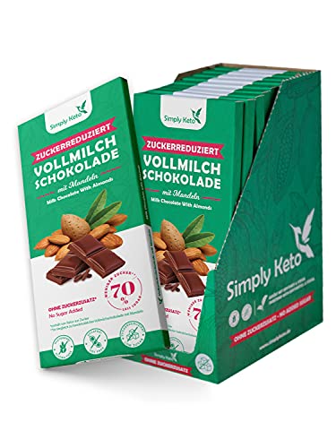 Simply Keto Lower Carb Schokolade mit Mandeln & 40% Kakao - Vollmilch Schokolade ohne Zuckerzusatz - Gesüßt mit Erythrit statt Zucker - Nur 14g Netto-Kohlenhydrate pro 100g - Glutenfrei, 12 x 125g von Simply Keto