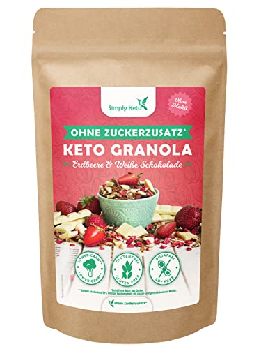 Simply Keto Lower-Carb* Erdbeer Knusper Granola mit weißer Schokolade ohne Zuckerzusatz - Keto Müsli-Alternative für ein perfektes Frühstück - Glutenfrei, sojafrei & kohlenhydratarm* - 250g von Simply Keto