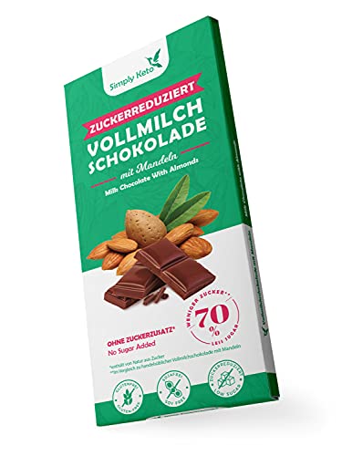 Simply Keto Lower Carb Schokolade mit Mandeln & 40% Kakao - Vollmilch Schokolade ohne Zuckerzusatz - Gesüßt mit Erythrit statt Zucker - Nur 14g Netto-Kohlenhydrate pro 100g - Glutenfrei von Simply Keto