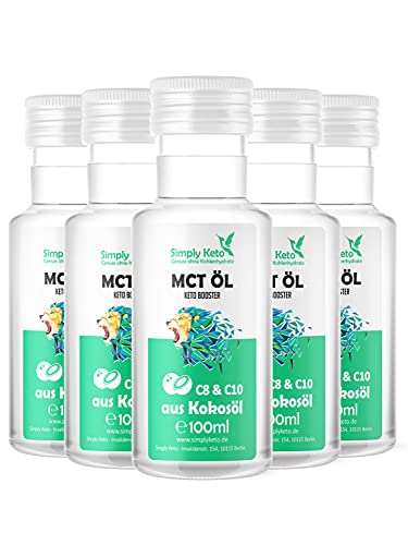 Simply Keto MCT Öl (5x100ml) - Keto Booster aus 100% Kokosöl - 70% Caprylsäure C8 und 30% Caprinsäure C10 - Vegan & Palmölfrei - Optimal für ketogene Ernährung & Bulletproof Coffee - 5x100ml von Simply Keto