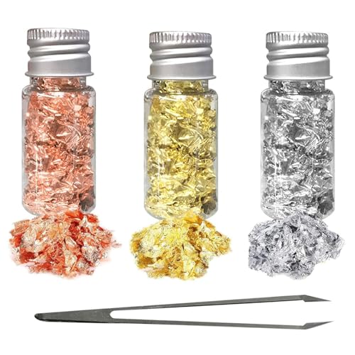 Gold Folien Flocken,3 Flaschen Goldfolie Papier Gold Silber Rose Metallfolie Flocken Imitation Gold Flocken mit Pinzette für DIY Bastelarbeiten Möbeldekoration und Nail Art Gold Folien Flocken,3 Flaschen Goldfolie Papier Gold Silber Rose Metallfolie Flocken Imitation Gold Flocken mit Pinzette für DIY Bastelarbeiten Möbeldekoration und Nail Art von SinChic