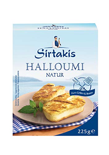 Sirtakis Halloumi Natur - 10x 225gramm - Pfannenkäse Pfanne Grillkäse Grill Ofenkäse Ofen 43% Fett in Vakuumverpackung mit Minze Schnittkäse Käse mikrobielles Lab Halal vegetarisch glutenfrei von Sirtakis