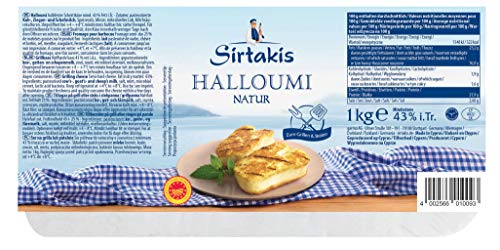 Sirtakis Halloumi Natur - 1x 1kg Vakuum - Pfannenkäse Pfanne Grillkäse Grill Ofenkäse Ofen 43% Fett i. Tr. mit Minze Schnittkäse Käse mikrobielles Lab Halal vegetarisch glutenfrei von Sirtakis