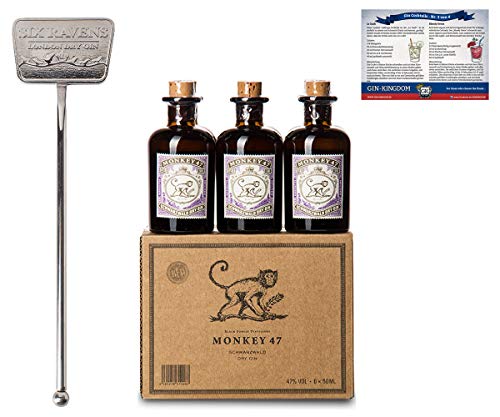 Monkey 47 Gin Set | 6 Monkey Gin Minis (6x 0.05 l) | Verpackt im schönen Monkey Karton | 1 Gin Tonic Stirrer | Aus Edelstahl gefertigt | + Gin Cocktailkarte | Ideal als Geschenk von Six Ravens