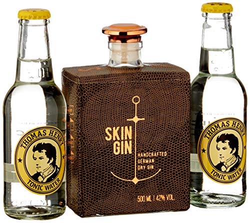 Skin Gin | Handcrafted German Gin | Geschenkbox Gin + Thomas Henry Tonic Water | Manufaktur Gin aus dem Alten Land |Koriander-Grapefruit-Limetten | 42% | 900ML Reptile Brown von Skin Gin