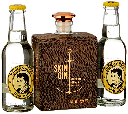 Skin Gin | Handcrafted German Gin | Geschenkbox Gin + Thomas Henry Tonic Water | Manufaktur Gin aus dem Alten Land |Koriander-Grapefruit-Limetten | 42% | 900ML Reptile Brown von Skin Gin