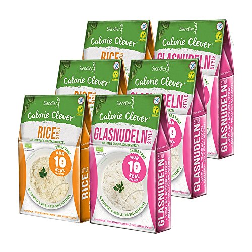 6 x Slendier Bio Konjak Nudeln, Probierpaket Energie, 3 x Glasnudel-Style 250 g + 3 x Rice-Style 250 g, Shirataki Nudeln, Bio-Qualität von Slendier