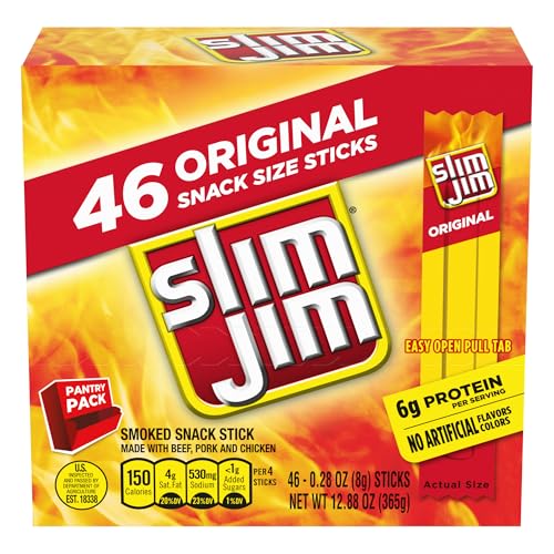 Slim Jim Räucherfleisch-Sticks, Originalgeschmack, 6 g Protein pro Portion, Snackgröße, 7,9 g (46 Stück) von Slim Jim