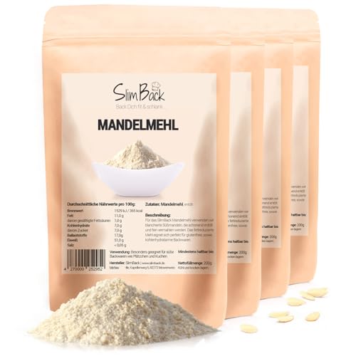 SlimBack - Premium Mandelmehl entölt – 4er-Pack, 800g – Glutenfrei, Keto, Lower-Carb – Ideal für Kuchen, Pizza & Gebäck von SlimBack