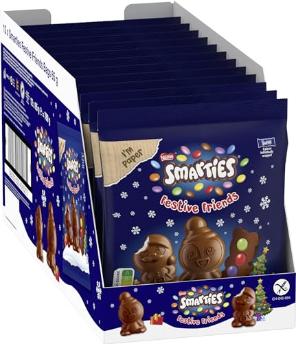 Smarties NESTLÉ Festive Friends, weihnachtliche Figuren aus zartschmelzender Milchschokolade mit cremiger Füllung & bunten SMARTIES Mini Schokolinsen (à 8 Figuren pro Packung), 12er Pack (12 x 65g) von Smarties