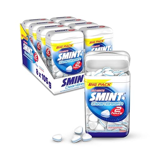 SMINT 2H Clean Breath Peppermint, 8 Big-Pack Dosen mit je 150 Minz-Pastillen, zuckerfreie Mints für über 2 Stunden frischen Atem, 8 x 105g von Smint