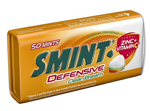 SMINT Defensive Clean Breath, Metall-Dose enthält 50 Pastillen mit Orangen-Minz Geschmack, zuckerfreie Dragees mit Zink & Vitamin C, 1 x 35g von Smint