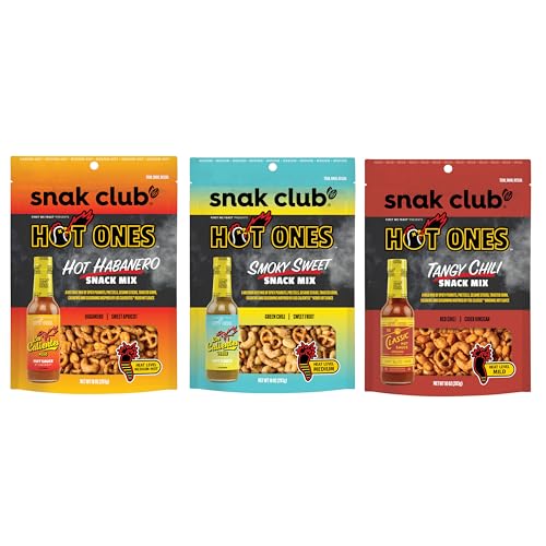 Snak Club Hot Ones Snack-Mix, Hot Habanero, Sweet Smoky und Tangy Chili, würzige Snacks mit Erdnüssen, Brezeln, Sesamstäbchen, gerösteter Mais, Cashews, veganer Snack, wiederverschließbare Beutel, 3 Snak Club Hot Ones Snack-Mix, Hot Habanero, Sweet Smoky und Tangy Chili, würzige Snacks mit Erdnüssen, Brezeln, Sesamstäbchen, gerösteter Mais, Cashews, veganer Snack, wiederverschließbare Beutel, 3 von Snak Club